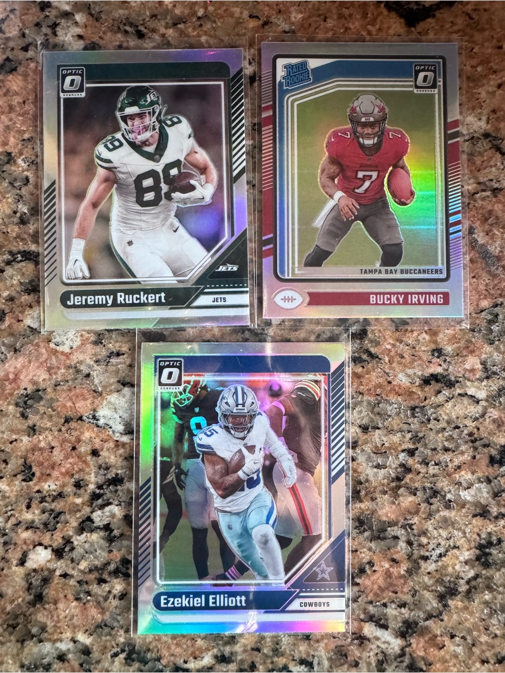Panini Green and Blue Football Card Backs (Ruckert, Irving, Elliott)